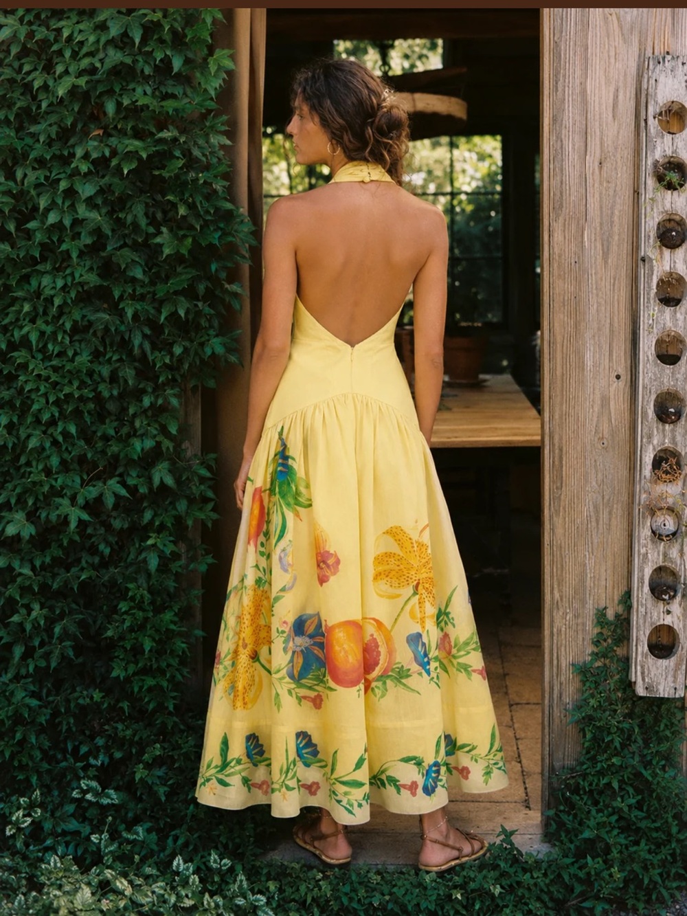 Yellow Halter Maxi Dress with Floral Border Print - Picture 2 of 5